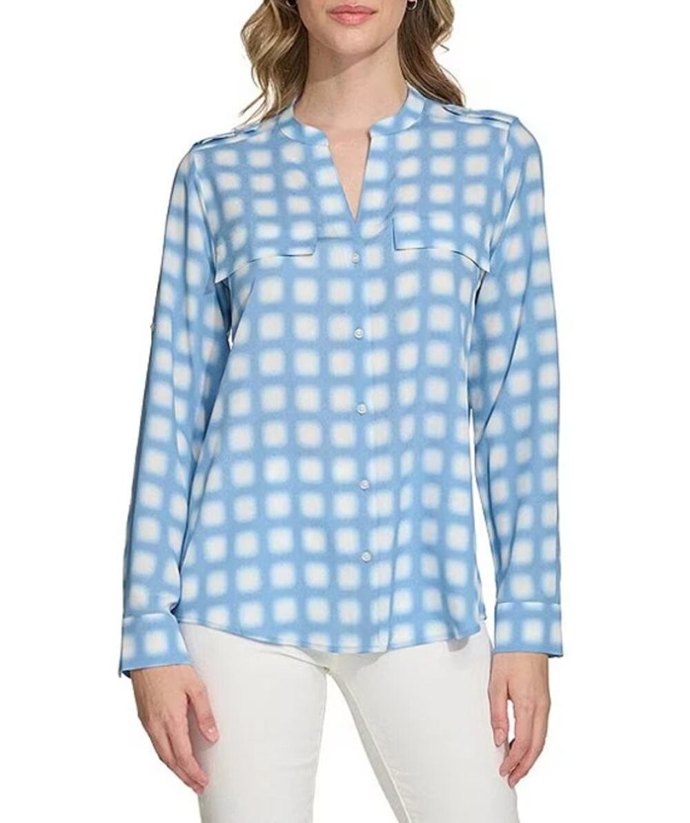 Calvin Klein Gingham Button Blouse Blue White Workwear Size S NWT